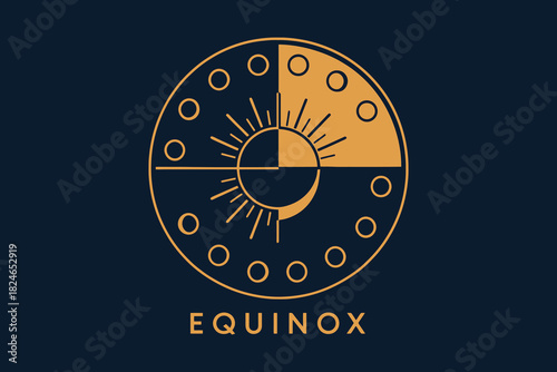 Stylized equinox symbol with sun moon and celestial elements