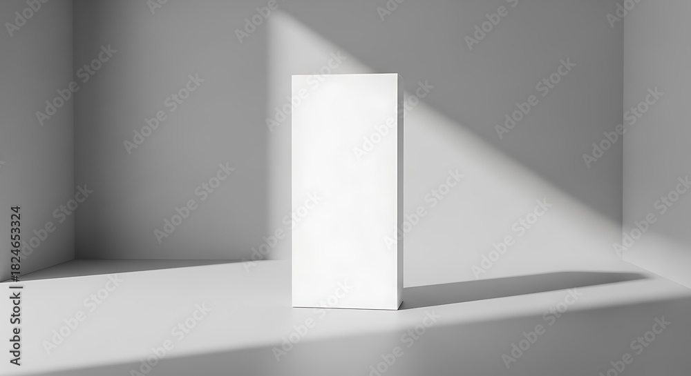 Obraz premium Minimalist white product display stand in modern studio with strong geometric light shadows