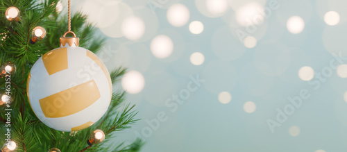 Christmas tree decorated with volleyball themed ornament and lights. 3d rendering