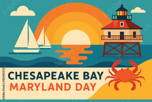 Chesapeake bay maryland day celebration with lighthouse sailboats and crab