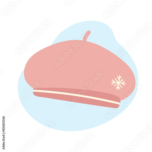Soft pink beret hat with tiny snowflake embroidery and gentle curves, cozy beret hat symbolizing feminine winter elegance and Parisian charm, beret hat illustration for seasonal fashion design.