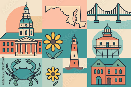 Maryland state icons collage featuring landmarks and symbols