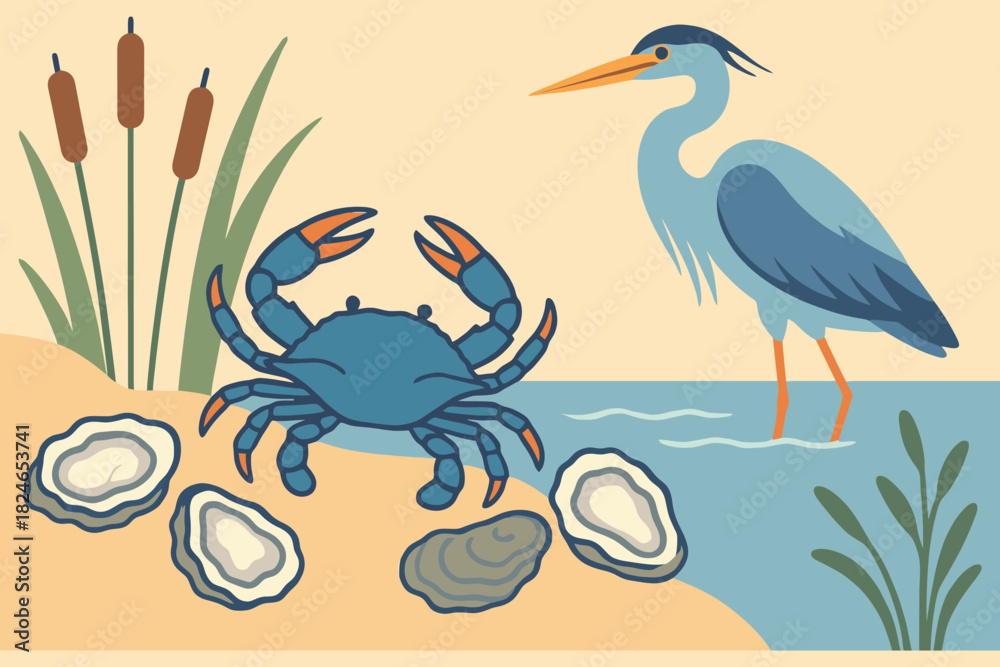 Fototapeta premium Blue crab and heron by the water with oysters and reeds