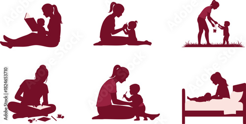 Mother and child silhouette collection showing reading, caregiving, drawing, outdoor play and bedtime routines, illustrating nurturing parenting and early childhood development