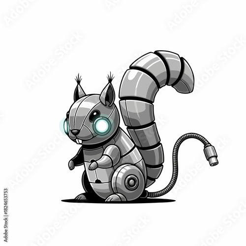Robotic Squirrel with Glowing Eyes and Metallic Body Illustration.