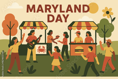 People celebrating maryland day at an outdoor festival with food stalls and music