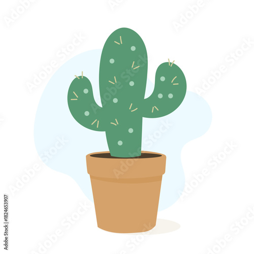 Soft vector illustration showcasing playful cactus in terracotta pot, cactus adding cheerful botanical accent for modern decor scenes, rounded arms and gentle spikes creating trendy cozy vibe
