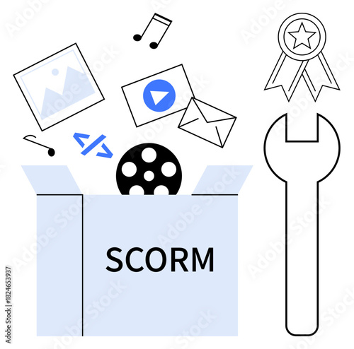 Open SCORM box with music, video, images, code, and email icons alongside a wrench and ribbon. Ideal for eLearning, instructional design, education, certification technology multimedia simple flat