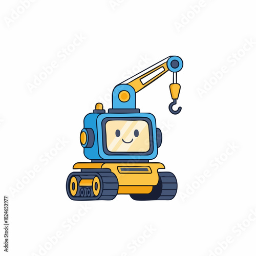 Cute Cartoon Crane Robot with Smiling Face and Tracks.