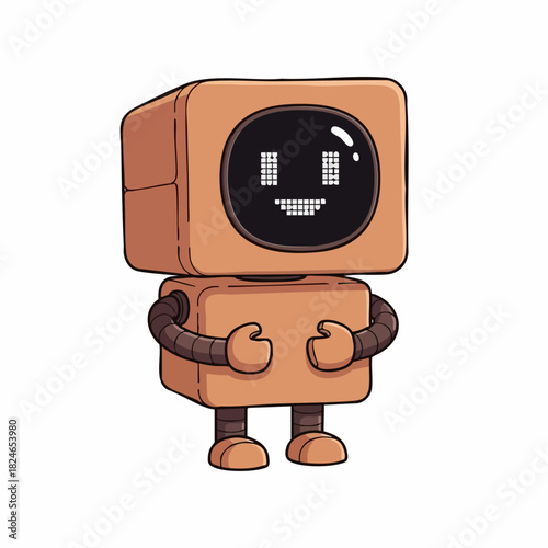 Cute cartoon robot with a smiling face and boxy body.
