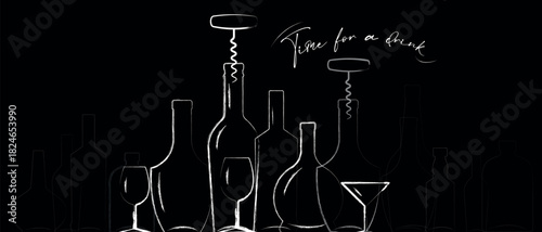 Alcohol menu banner, set of bottles and glasses, hand-drawn line art on a black background, white marker line art, chalk. Wine list, bar poster, sommelier, party concept, nightclub, red wine, cognac