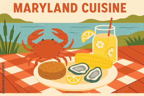 Maryland cuisine featuring crab oysters corn and drink by the water