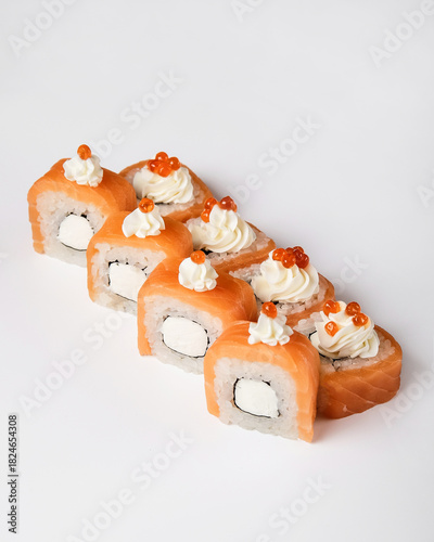 Photos Highend smoked fish sushi served with decorative garnishments and style