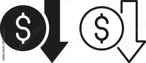 Dollar Decrease Icon Set. Financial Loss and Value Decline Symbols. Negative Metric and Value Depreciation. Down Arrow Money Symbol and Negative Financial Trend Collection
