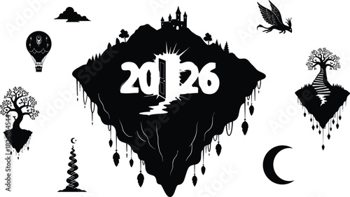 2026 New Year fantasy silhouette, floating island with castle, magical open door portal, flying dragon, hot air balloon, imagination concept