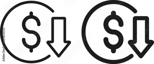 Dollar Decrease Icon Set. Financial Loss and Value Decline Symbols. Negative Metric and Value Depreciation. Down Arrow Money Symbol and Negative Financial Trend Collection