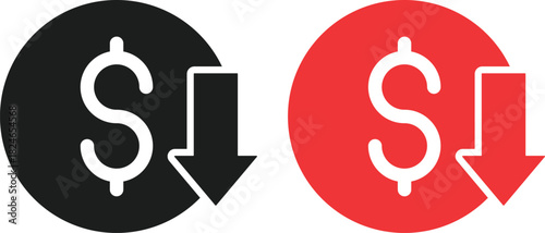 Dollar Decrease Icon Set. Financial Loss and Value Decline Symbols. Negative Metric and Value Depreciation. Down Arrow Money Symbol and Negative Financial Trend Collection