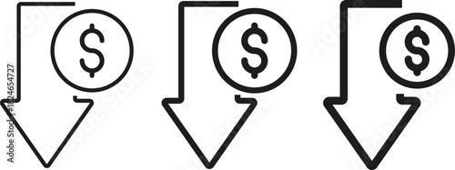Dollar Decrease Icon Set. Financial Loss and Value Decline Symbols. Negative Metric and Value Depreciation. Down Arrow Money Symbol and Negative Financial Trend Collection