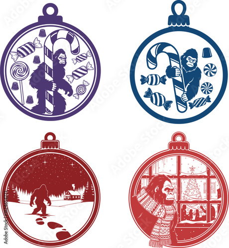 Funny Bigfoot Christmas Ornament Bundle Candy Cane And Winter Scene Vector