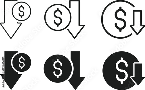 Dollar Decrease Icon Set. Financial Loss and Value Decline Symbols. Negative Metric and Value Depreciation. Down Arrow Money Symbol and Negative Financial Trend Collection