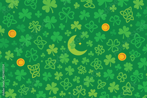 Green st patricks day background with shamrocks and gold coins
