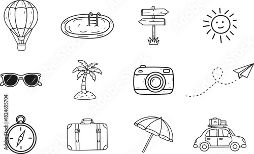 Travel and vacation icons doodle style black and white