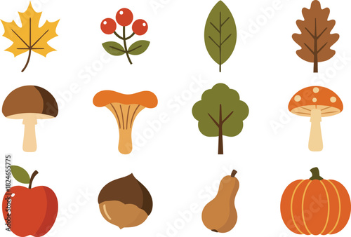 Autumn harvest icons set with leaves and food