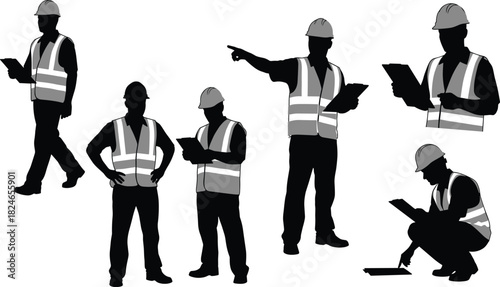 Construction workers silhouette, safety helmets, reflective vests, clipboard inspection, site supervision, black and white illustration, engineering, architecture, teamwork, construction management