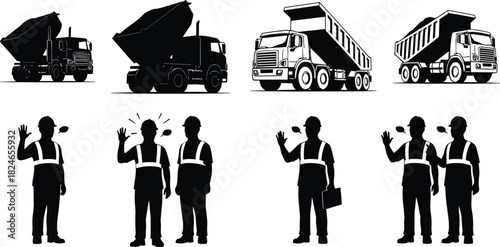 Dump trucks unloading, construction workers communicating, safety gear, teamwork, industrial site, heavy machinery, clipboard, discussion, helmet, labor scene