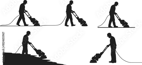 Floor cleaning illustration, construction worker, polishing machine, surface maintenance, safety helmet, industrial training, janitorial service, repair process, building renovation, workshop skills