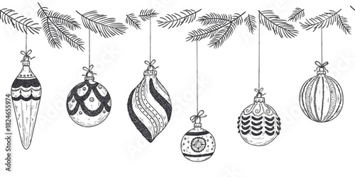 Hand-drawn vintage Christmas ornaments in black and white sketch style – festive holiday baubles, doodle illustrations with hatching, stippling and decorative elements for seasonal designs