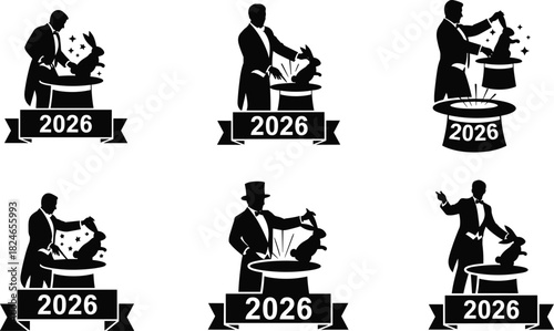 2026 New Year magician silhouette set, pulling rabbit from hat, magic show tricks, illusionist icon collection, vector illustration
