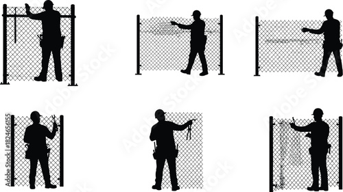Chain-link fence installation, construction worker, fence repair, wire mesh, safety helmet, building renovation, manual labor, industrial training, repair process, workshop skills