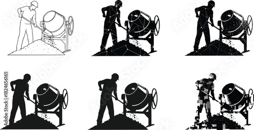 Concrete mixer illustration, worker shoveling cement, black and white drawing, polygonal low poly style, silhouette, pixel art, construction site, industry