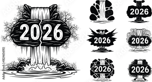 2026 New Year nature concept, waterfall flowing over stone rocks, river splash silhouette, landscape vector illustration set
