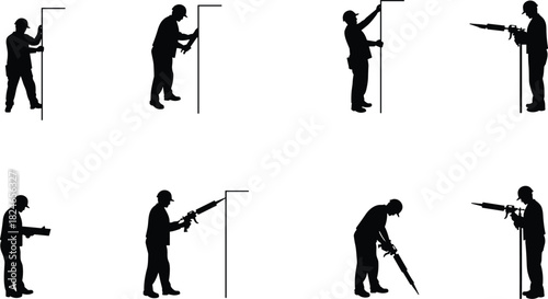 Construction worker illustration, power tools, jackhammer operation, drilling process, safety helmet, wall repair, industrial training, manual labor, building renovation, workshop skills