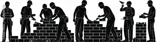 Construction workers illustration, brick wall building, black and white silhouette, masonry teamwork, safety helmets, manual labor, architecture, engineering, construction site, tools