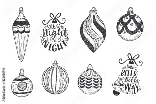 Hand-drawn vintage Christmas ornaments in black and white sketch style – festive holiday baubles, doodle illustrations with hatching, stippling and decorative elements for seasonal designs