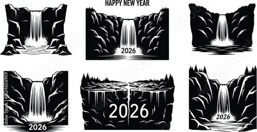 2026 New Year waterfall silhouette collection, black and white nature landscapes, vector river cascade illustrations, mountain scenery adventure set