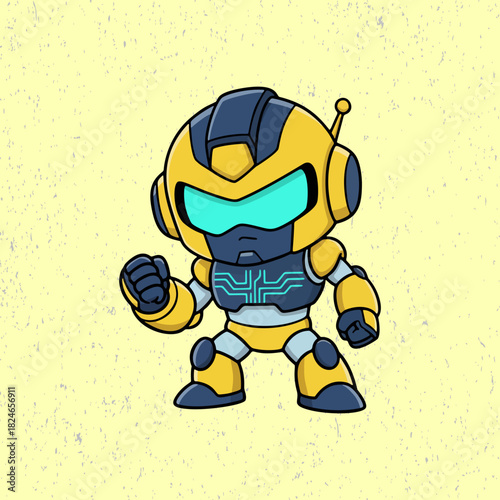 Adorable combat robot showing determination in a powerful stance, designed in a clean flat vector style suitable for tech and adventure themes.