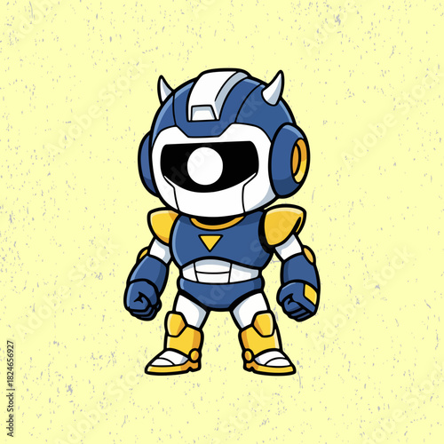 Cute fighter robot with a tough expression, posing bravely for battle in a simple flat vector design with strong lines and playful sci-fi vibes.