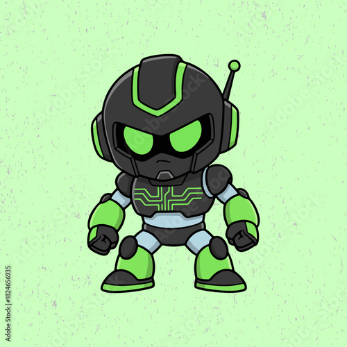 Cheerful yet intimidating robot ready to fight, drawn in a bright flat design with simple shapes, solid colors, and expressive details.