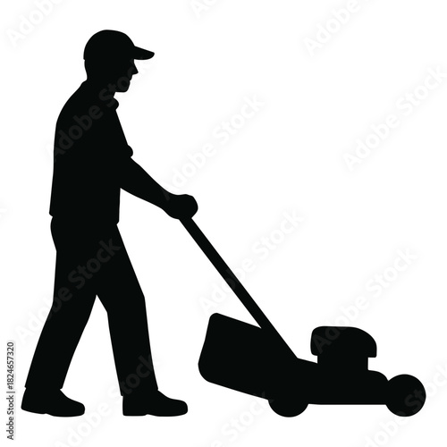 Man mowing grass with lawn mower silhouette for gardening yard service
