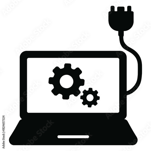 Laptop with gears and power plug icon for software install system configuration