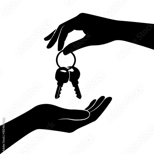 Hands giving keys silhouette icon for car rental real estate ownership