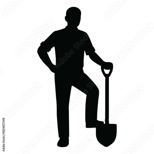 Man with shovel silhouette worker standing foot on spade gardening construction