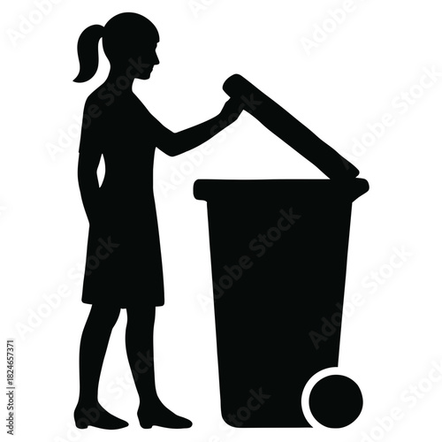 Woman throwing trash in bin silhouette for waste management recycling icon