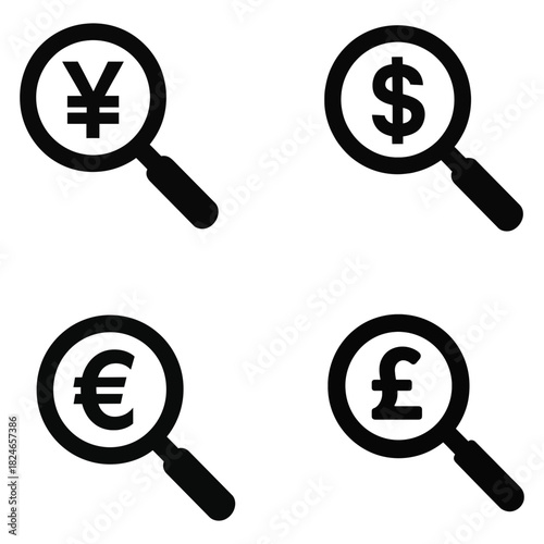 Currency search icons with dollar euro yen pound symbols under magnifying glass