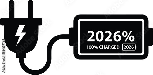 2026 New Year, futuristic technology, robotic arm toast, battery charging, full energy, vector illustration set, business concept.