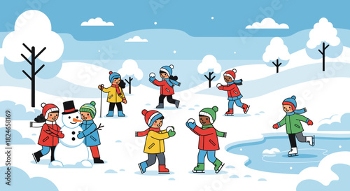 Delightful winter scene of children building a snowman, having a snowball fight, and ice skating on a frozen pond, capturing the joy and fun of a snowy day with friends and outdoor activities